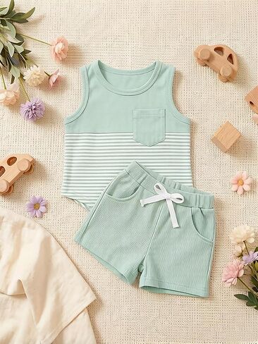 Toddler Boy Clothes Set Sleeveless Light Green Striped Tee Knit Shorts Two Piece Outfit in Kuwait