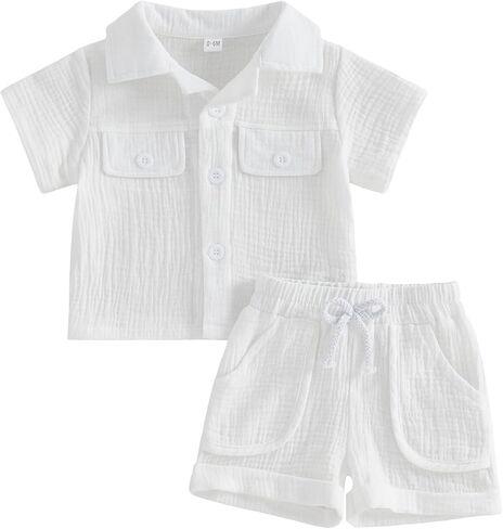 Baby Boys Button Down Shirt Tops + Shorts Infant Toddler Summer Outfit 2Pieces Cotton Gauze Clothes with Pockets in Saudi Arabia