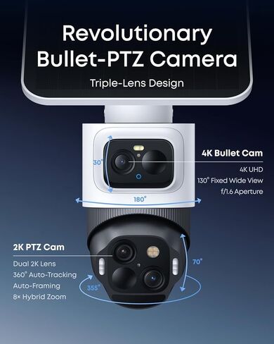 eufy Security eufyCam S4 3-Cam Kit، كاميرا شمسية 4K لاسلكية خارجية، كاميرا ثلاثية العدسات Bullet-PTZ، عرض 360 درجة، مسار Cross-Cam، التعرف على الذكاء الاصطناعي، تكبير 8X، رؤية ليلية ملونة، 0 رسوم شهرية، تخزين محلي in Kuwait