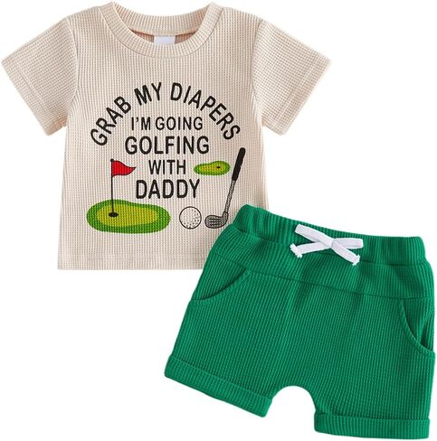 Toddler Boy Golf Outfit Apparently I Like Golf Short Sleeve T-Shirt Top + Plaid Shorts 2Pcs Set Summer Clothes in Kuwait