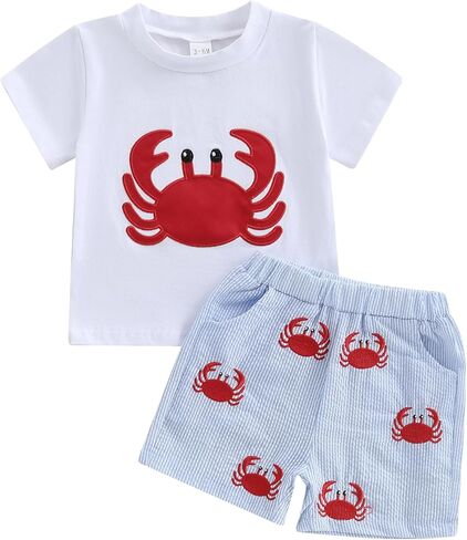 Kayotuas Toddler Baby Boy Summer Clothes Cute Crawfish Outfit Lobster Short Sleeve T-shirt Tops & Stripes/Gingham Shorts Set in Kuwait