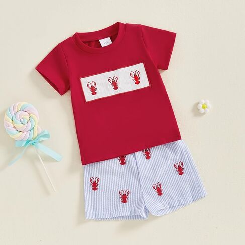 Kayotuas Toddler Baby Boy Summer Clothes Cute Crawfish Outfit Lobster Short Sleeve T-shirt Tops & Stripes/Gingham Shorts Set in Saudi Arabia