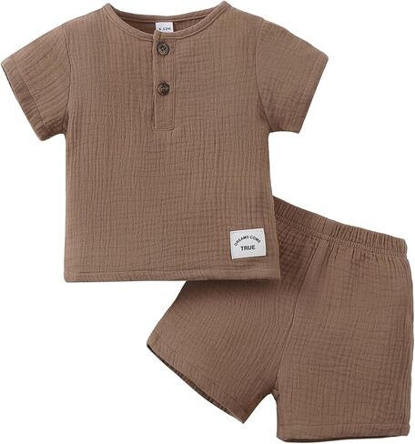 Jecson Toddler Boy Summer Outfits Cute Baby Boy Outfits 2 Piece Set Crew Neck Button Top and Solid Shorts 6M-3T in Kuwait