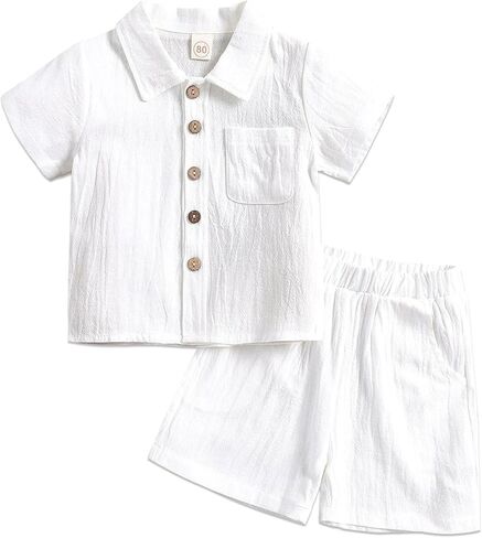 Toddler Boys Girls 2Pcs Linen Clothes Set Button Down Short Sleeve Polo Shirt+Elastic Gauze Shorts Summer Outfit in Kuwait