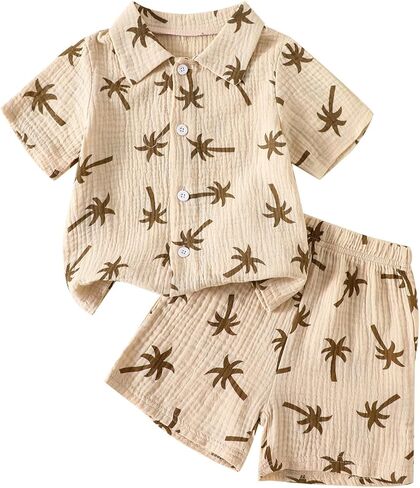 Toddler Boys Girls 2Pcs Linen Clothes Set Button Down Short Sleeve Polo Shirt+Elastic Gauze Shorts Summer Outfit in Saudi Arabia