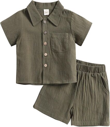 Toddler Boys Girls 2Pcs Linen Clothes Set Button Down Short Sleeve Polo Shirt+Elastic Gauze Shorts Summer Outfit in Saudi Arabia