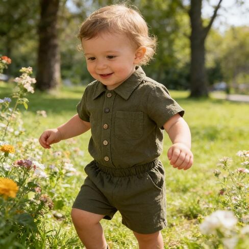 Toddler Boys Girls 2Pcs Linen Clothes Set Button Down Short Sleeve Polo Shirt+Elastic Gauze Shorts Summer Outfit in Saudi Arabia