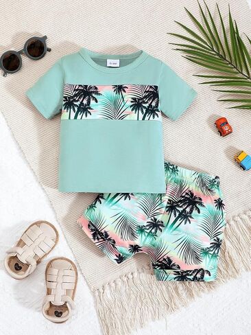 Baby Boy Tropical Outfit Short Sleeve T-Shirt & Shorts Set Hawaiian Palm Tree Summer Beach Infant Clothes 2Pcs in Kuwait