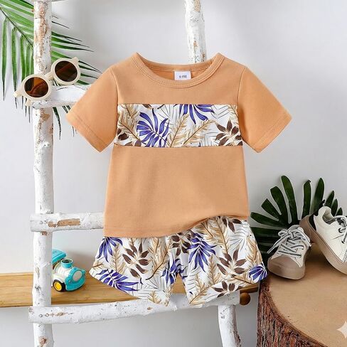 Baby Boy Tropical Outfit Short Sleeve T-Shirt & Shorts Set Hawaiian Palm Tree Summer Beach Infant Clothes 2Pcs in Saudi Arabia