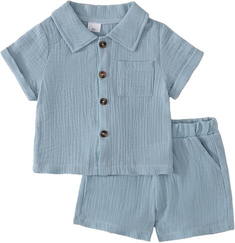 XFGLCK Toddler Boy Girl Summer Clothes Cotton Linen Short Sleeve Shirt Shorts Set Unisex Casual Outfit 9M-4T in Kuwait