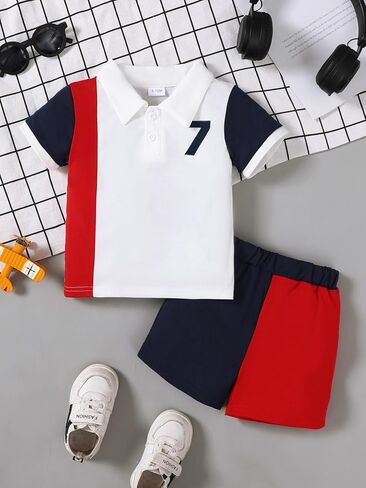 Baby Boys Color Block Polo Shirt & Shorts Set with Number 7 Print for 6M-3Y Toddlers in Kuwait