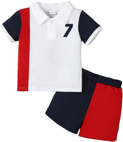 Baby Boys Color Block Polo Shirt & Shorts Set with Number 7 Print for 6M-3Y Toddlers in Kuwait