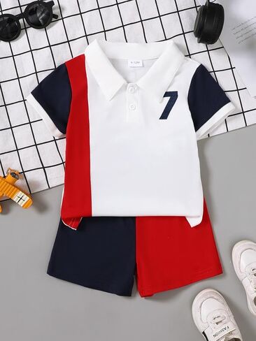 Baby Boys Color Block Polo Shirt & Shorts Set with Number 7 Print for 6M-3Y Toddlers in Kuwait