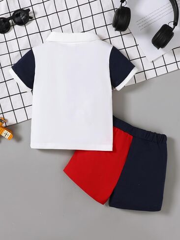 Baby Boys Color Block Polo Shirt & Shorts Set with Number 7 Print for 6M-3Y Toddlers in Kuwait
