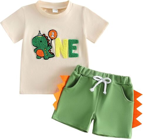 Lamuusaa Toddler Baby Boy Birthday Outfit One/Two Dinosaur Embroidery T-shirt Green Jogger Shorts Summer Cake Smash Outfit in Kuwait