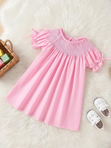 Baby Girl Dress Short-Sleeve Smocked Pink Flowy Lightweight Gentle for Summer Party Outfits Dress in Saudi Arabia