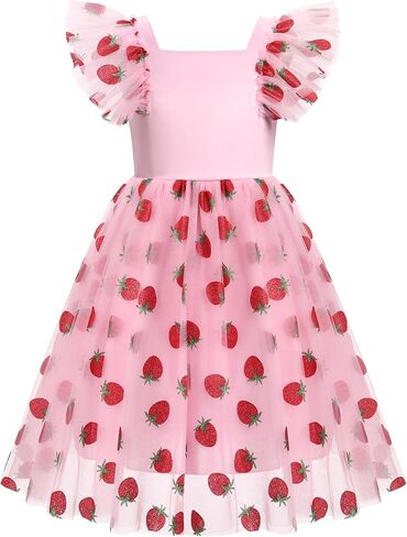 Floral Embroidered Dress for Girls Ruffle Sleeve Formal Birthday Wedding Pageant Party Tulle Dresses Pink Strawberry 7-8 Years in Kuwait