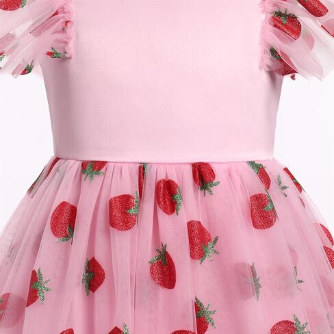 Floral Embroidered Dress for Girls Ruffle Sleeve Formal Birthday Wedding Pageant Party Tulle Dresses Pink Strawberry 7-8 Years in Kuwait