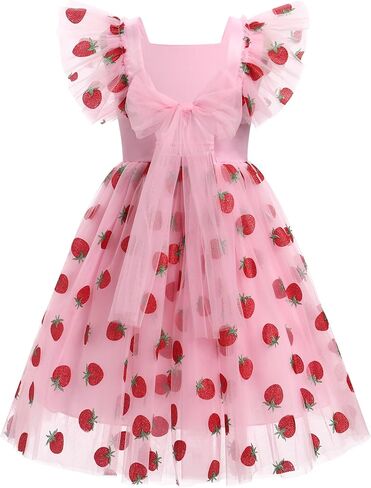 Floral Embroidered Dress for Girls Ruffle Sleeve Formal Birthday Wedding Pageant Party Tulle Dresses Pink Strawberry 7-8 Years in Kuwait