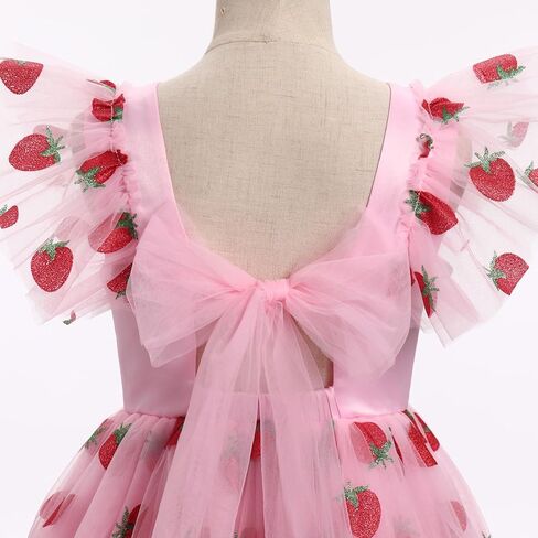Floral Embroidered Dress for Girls Ruffle Sleeve Formal Birthday Wedding Pageant Party Tulle Dresses Pink Strawberry 7-8 Years in Kuwait