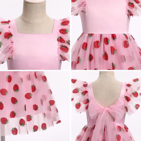 Floral Embroidered Dress for Girls Ruffle Sleeve Formal Birthday Wedding Pageant Party Tulle Dresses Pink Strawberry 7-8 Years in Kuwait