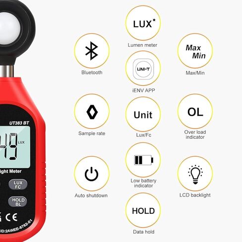 مقياس الضوء UT383BT Lux Meter Lumens مقياس الإضاءة الرقمي 0 ~ 199900 Lux (0 ~ 18500 FC) شموع القدم Luxmeter لنباتات التصوير الفوتوغرافي السينمائي مقياس الضوء لقياس سطوع الإضاءة in Kuwait