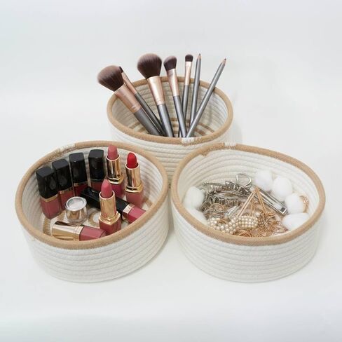 danpinera Set of 3 Small Woven Baskets, Mini Round Storage Baskets for Organizing, Decorative Boho Rope Baskets for Bathroom, Nursery, Desk, Tiny Bin for Makeup, Jewelry, Small Items, White & Jute in Kuwait