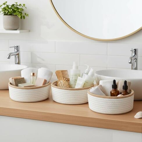 danpinera Set of 3 Small Woven Baskets, Mini Round Storage Baskets for Organizing, Decorative Boho Rope Baskets for Bathroom, Nursery, Desk, Tiny Bin for Makeup, Jewelry, Small Items, White & Jute in Kuwait