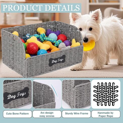 Pet Dog Toy Storage Basket,Collapsible Woven Paper Rope for Dog Cat Toys,Trapezoid Dog Toy Bin,Dog Storage Organizer with Wire Frame,Ideal for Living Room,Playroom(Grey) in Kuwait