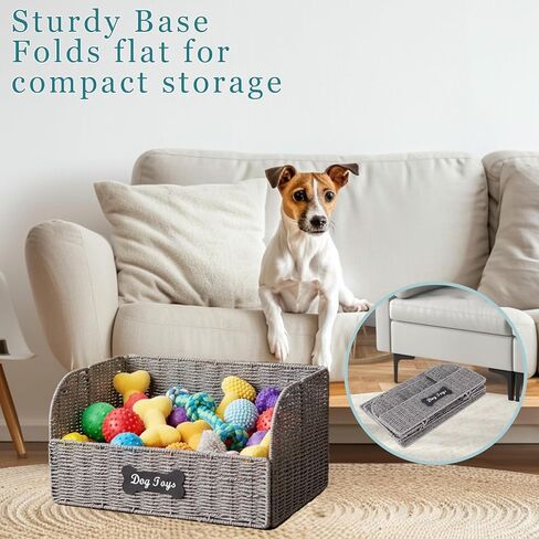 Pet Dog Toy Storage Basket,Collapsible Woven Paper Rope for Dog Cat Toys,Trapezoid Dog Toy Bin,Dog Storage Organizer with Wire Frame,Ideal for Living Room,Playroom(Grey) in Kuwait