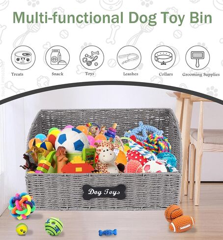 Pet Dog Toy Storage Basket,Collapsible Woven Paper Rope for Dog Cat Toys,Trapezoid Dog Toy Bin,Dog Storage Organizer with Wire Frame,Ideal for Living Room,Playroom(Grey) in Kuwait