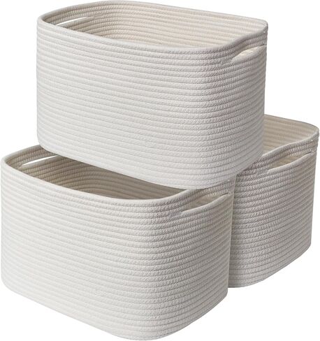 White Baskets for Organizing, 3 Pack Woven Cotton Rope Storage Baskets for Shelves, Decorative Closet Bin, Cute Fabric Storage Bins for Bathroom, Toys, Towels, Clothes, Shoes Organization in Kuwait