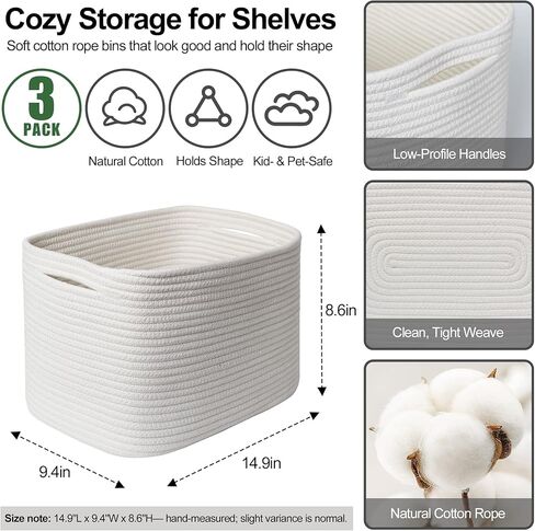 White Baskets for Organizing, 3 Pack Woven Cotton Rope Storage Baskets for Shelves, Decorative Closet Bin, Cute Fabric Storage Bins for Bathroom, Toys, Towels, Clothes, Shoes Organization in Kuwait