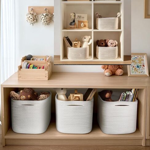 White Baskets for Organizing, 3 Pack Woven Cotton Rope Storage Baskets for Shelves, Decorative Closet Bin, Cute Fabric Storage Bins for Bathroom, Toys, Towels, Clothes, Shoes Organization in Kuwait