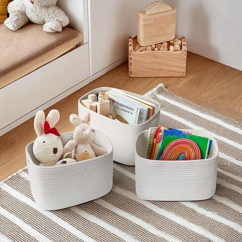 White Baskets for Organizing, 3 Pack Woven Cotton Rope Storage Baskets for Shelves, Decorative Closet Bin, Cute Fabric Storage Bins for Bathroom, Toys, Towels, Clothes, Shoes Organization in Kuwait