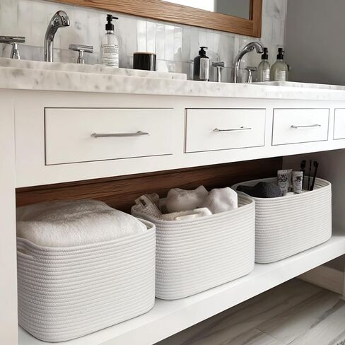White Baskets for Organizing, 3 Pack Woven Cotton Rope Storage Baskets for Shelves, Decorative Closet Bin, Cute Fabric Storage Bins for Bathroom, Toys, Towels, Clothes, Shoes Organization in Kuwait