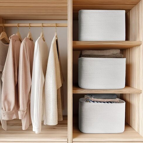 White Baskets for Organizing, 3 Pack Woven Cotton Rope Storage Baskets for Shelves, Decorative Closet Bin, Cute Fabric Storage Bins for Bathroom, Toys, Towels, Clothes, Shoes Organization in Kuwait