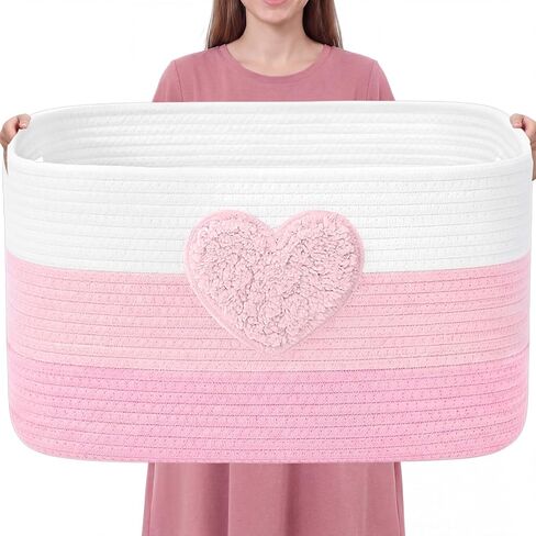 Extra Large Blanket Basket Love Rectangle Woven Storage Basket with Handle for Storing Dirty Clothes Stuffed Animal Toy Storage for Living Room Bathroom 22" x 15" x 12" Gradient Pink in Kuwait