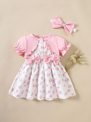 Baby Girl Floral Outfit Short Sleeve Dress with Bow Details Matching Headband Infant Outfit in Saudi Arabia