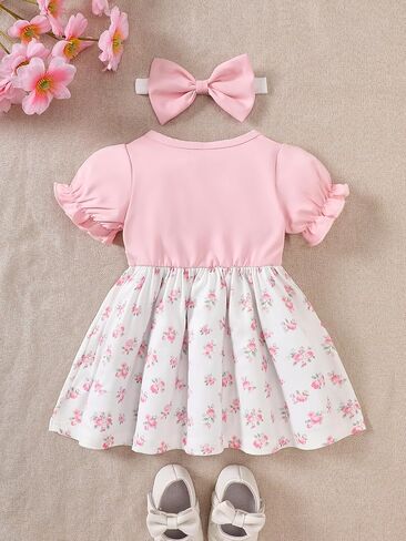 Baby Girl Floral Outfit Short Sleeve Dress with Bow Details Matching Headband Infant Outfit in Saudi Arabia