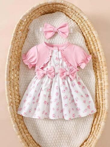 Baby Girl Floral Outfit Short Sleeve Dress with Bow Details Matching Headband Infant Outfit in Saudi Arabia