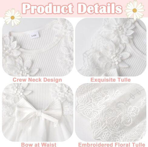 Baby Girl First Birthday Outfit Lace Tulle Dress 1st Birthday Dress with Hair Bows Party Clothes Photo Shoot for 0-18 Months in Saudi Arabia