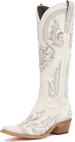 THESHY Womens Rhinestone Embroidered Wide Calf Knee High Western Cowgirl Boots Pointed Toe Chunky Heel Retro Cowboy Boots for Women in Saudi Arabia