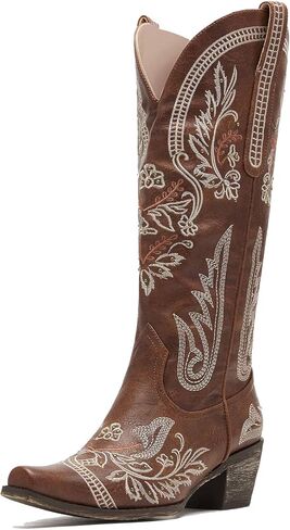 THESHY Womens Rhinestone Embroidered Wide Calf Knee High Western Cowgirl Boots Pointed Toe Chunky Heel Retro Cowboy Boots for Women in Kuwait