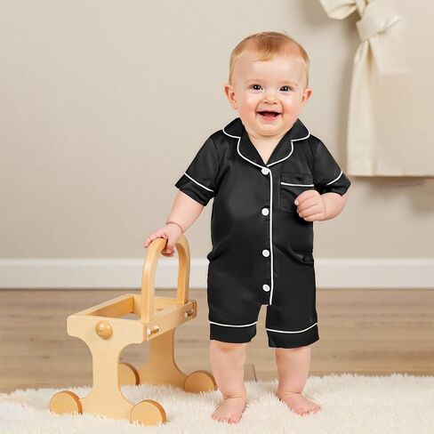 fyclemt Newborn Baby Boy Girl Silk Pajamas Romper Short Sleeve Button Up One Piece Jumpsuit Sleep Satin Nightgown Sleepwear in Saudi Arabia