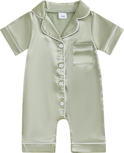 fyclemt Newborn Baby Boy Girl Silk Pajamas Romper Short Sleeve Button Up One Piece Jumpsuit Sleep Satin Nightgown Sleepwear in Saudi Arabia