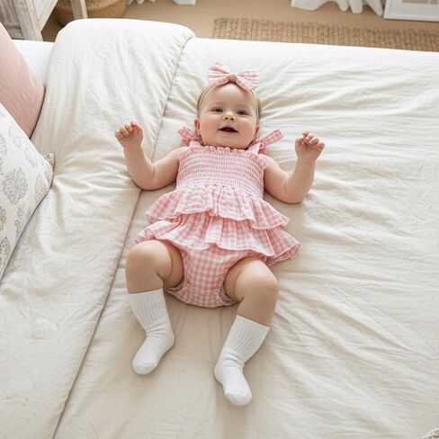 Giraropa Newborn Baby Girl Plaid Romper Outfit Sleeveless Smocked Romper Infant Baby Cute Gingham Clothes in Saudi Arabia