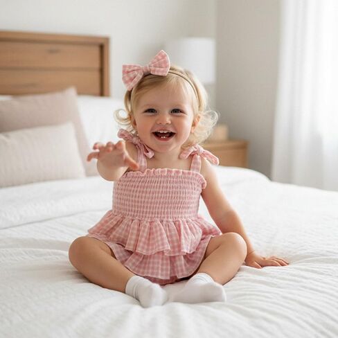 Giraropa Newborn Baby Girl Plaid Romper Outfit Sleeveless Smocked Romper Infant Baby Cute Gingham Clothes in Saudi Arabia
