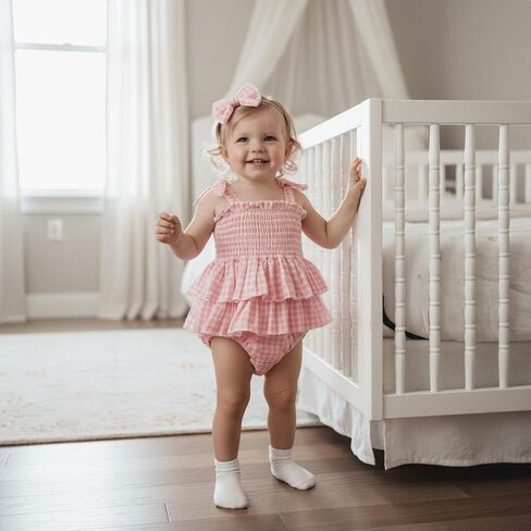 Giraropa Newborn Baby Girl Plaid Romper Outfit Sleeveless Smocked Romper Infant Baby Cute Gingham Clothes in Saudi Arabia