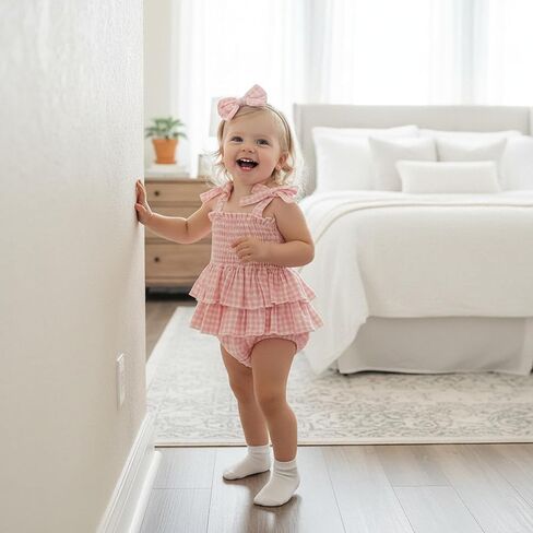 Giraropa Newborn Baby Girl Plaid Romper Outfit Sleeveless Smocked Romper Infant Baby Cute Gingham Clothes in Saudi Arabia